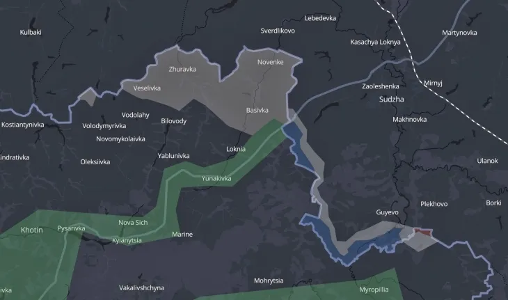 4월 29일(현지시간) 우크라이나 수미 지역 주지사 올레흐 흐리호로프는 러시아의 공격으로 4개 국경 마을이 ‘회색 지대’에 들어섰다며, 러시아군이 완충 지대를 조성하려고 한다고 밝혔다. 사진은 현재 수미 지역에 형성된 회색지대를 보여주는 지도. 2025.5.3 텔레그램