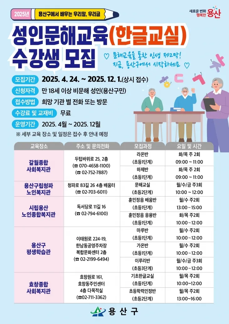 성인문해교육 수강생 모집 포스터. 용산구 제공