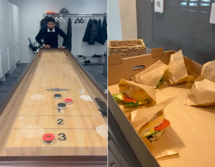 스웨덴의 한 정보기술(IT) 기업에서 일하는 인도인 아슈토시가 소셜미디어(SNS)에 올린 직장 복지를 자랑하는 게시물이 인도 네티즌들 사이에서 화제를 모으며 논쟁을 낳고 있다. 사진은 직장에서 쉬는시간에 게임을 하는 아슈토시와 간식으로 제공된 샌드위치. 아슈토시 인스타그램 캡처