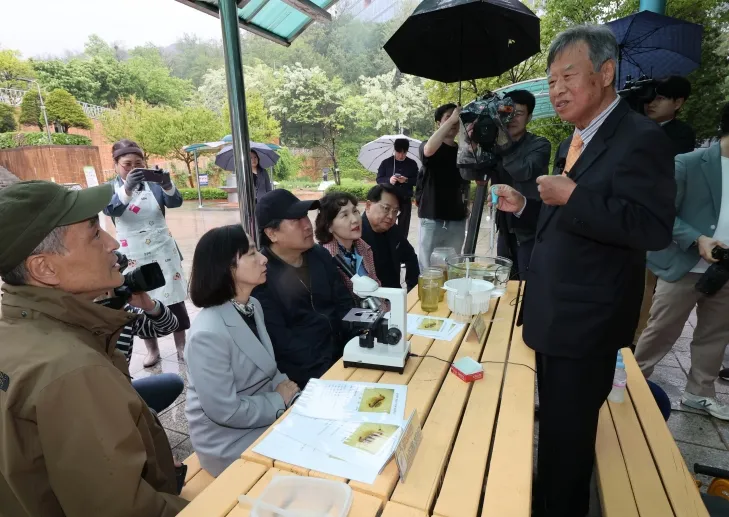 홍순길 전 성북강북교육지원청 교육장이 지난 9일 서울 관악구 서울시교육청 융합과학교육원에서 1975년 동작구 강남초 4학년 2반에서 스승과 제자로 인연을 맺은 제자들을 만나 특별 생태 수업을 하고 있다. 연합뉴스