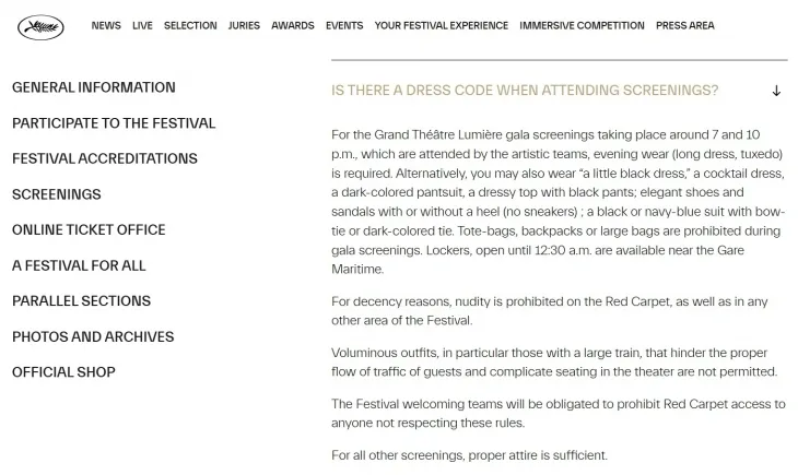 칸 국제영화제 사무국이 공식 홈페이지를 통해 13일(현지시간) 개막하는 제78회 칸 국제영화제에서 노출이 심한 의상을 금지한다는 내용의 복장 규정을 발표했다. 자료 : 칸 국제영화제 홈페이지