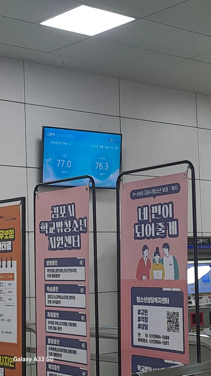 고촌역 실내공기질 모니터에 표시된 초미세먼지 농도