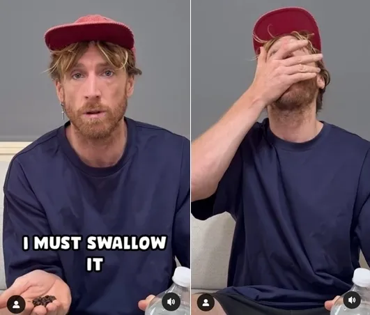 생두를 삼키고 있는 코미디 듀오 ‘마티 앤 마이클’의 마이클의 모습. 인스타그램(@martyandmichael) 캡처