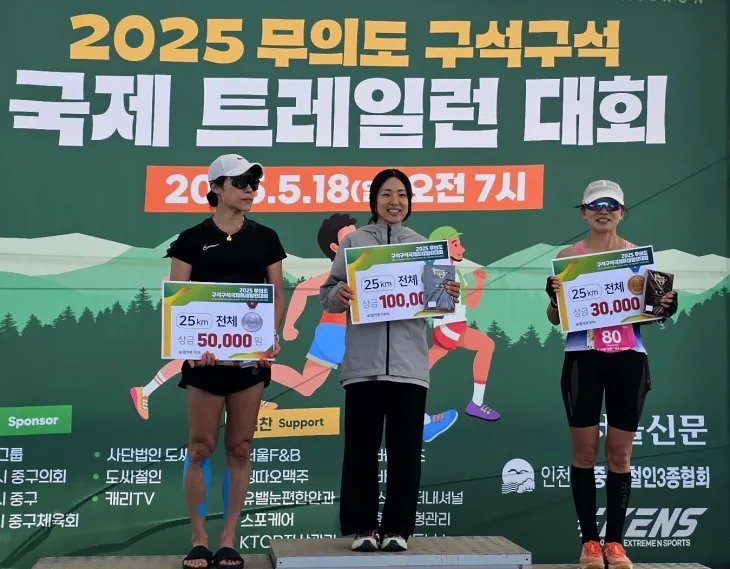 18일 인천 중구 무의도에서 열린 ‘2025 무의도 구석구석 트레일런 대회’에서 25㎞ 부문 여성 입상자들이 기념촬영을 하고 있다.