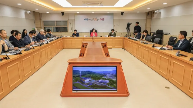 19일 신계용 과천시장이 시청 상황실에서 ‘과천시 자원정화센터 현대화사업 기본계획 및 입찰안내서 작성’ 최종 보고회를 주재하고 있다. (과천시 제공)