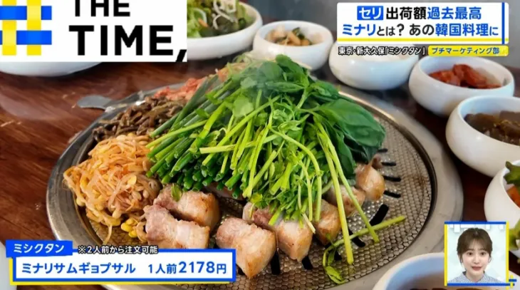 삼겹살 등의 음식들과 궁합이 좋아 한국에서 인기가 많은 채소인 미나리가 최근 일본 소비자들 사이에서 큰 인기를 끌고 있는 것으로 전해졌다. 일본 TBS의 TV 프로그램 ‘히루오비’ 캡처