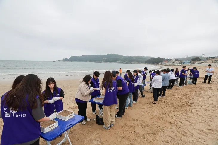 완도군이 지난 22일 신지면 해안에서 바다 식목일을 기념해 잘피 씨앗 파종과 바다 정화 활동을 하고 있다.