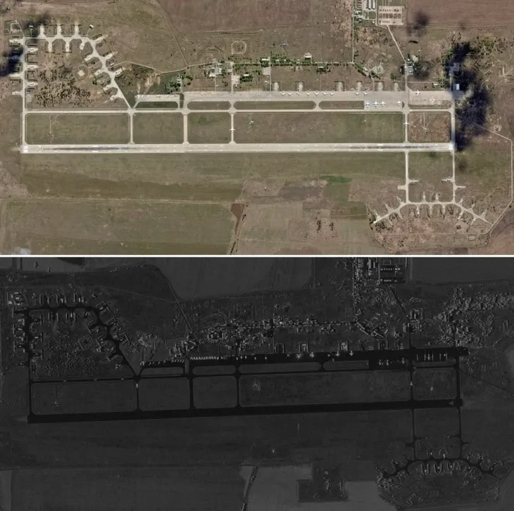 우크라이나는 1일(현지시간) 일인칭 시점(FPV) 드론을 동원, 러시아 공군기지 4곳 이상을 기습해 70억 달러(약 9조 6900억원)의 피해를 강요했다고 밝혔다. 사진은 (위)미국 민간위성기업 ‘플래닛 랩스’가 지난 5월 17일 촬영한 러시아 시베리아 이르쿠츠크주 벨라야 공군기지와 (아래)우크라 공격 후인 지난 2일 미국 위성기업 ‘카펠라 스페이스’가 촬영한 벨라야 공군기지. 전폭기 일부가 파손돼 있다. 2025.6.3 로이터 연합뉴스(플래닛 랩스, 카펠라 스페이스 제공)