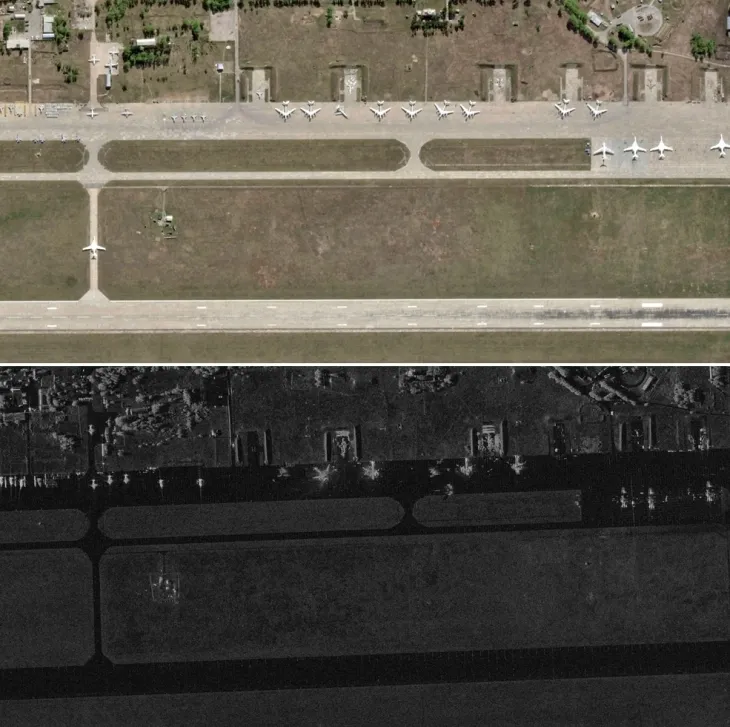 우크라이나는 1일(현지시간) 일인칭 시점(FPV) 드론을 동원, 러시아 공군기지 4곳 이상을 기습해 70억 달러(약 9조 6900억원)의 피해를 강요했다고 밝혔다. 사진은 (위)미국 민간위성기업 ‘플래닛 랩스’가 지난 5월 17일 촬영한 러시아 시베리아 이르쿠츠크주 벨라야 공군기지와 (아래)우크라 공격 후인 지난 2일 미국 위성기업 ‘카펠라 스페이스’가 촬영한 벨라야 공군기지. 전폭기 일부가 파손돼 있다. 2025.6.3 로이터 연합뉴스(플래닛 랩스, 카펠라 스페이스 제공)