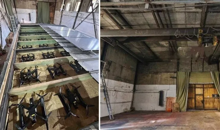 1일(현지시간) 우크라이나가 일인칭 시점(FPV) 드론을 동원, 러시아 공군기지 5곳을 상대로 개전 후 최대 규모의 공격을 감행했다. 사진은 (왼쪽)우크라가 공격에 동원했다며 공개한 FPV 드론과 (오른쪽)드론 조립 창고로 의심 받는 러시아 첼랴빈스크 스베르들로프스키의 한 창고. 2025.6.1 텔레그램