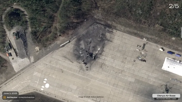 3일(현지시간) ‘에어버스 디펜스 스페이스’ 인공위성으로 본 러시아 무르만스크주 올레냐 공군기지. 지난 1일 우크라이나의 기습 드론 공격으로 파괴된 투폴레프(Tu)-95MS가 식별된다. 공격 당시 기지에는 안토노프(An)-12 군용기, 일류신(IL)-76 수송기와 밀(Mi)-8 및 Mi-24 군용헬기도 여러 대 있었던 것으로 전해진다. 2025.6.3 우크라 군사채널