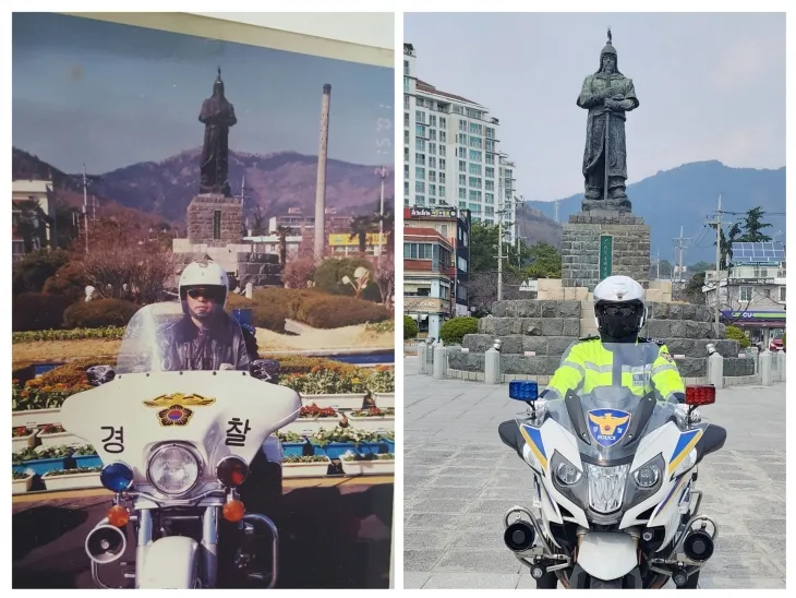 2002년 싸이카를 타다 업무 중 사고로 순직한 민병환 경사(왼쪽 사진)의 뒤를 이어 경찰이 된 둘째 아들 민승기 경사는 지난해부터 경남경찰청 교통안전계에서 근무한다. 부자는 20여년의 세월을 사이에 두고 경남 창원 진해구 이순신 장군 동상 앞에서 싸이카를 타고 기념사진을 찍었다. 민승기 경사 제공