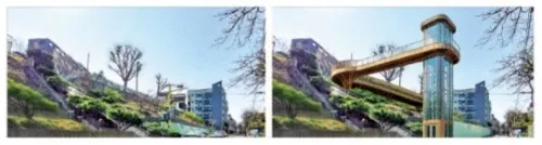 지역 맞춤형 엘리베이터가 들어설 서울 관악구 봉천동 일대(왼쪽)와 엘리베이터가 설치된 예상 이미지(오른쪽). 서울시 제공