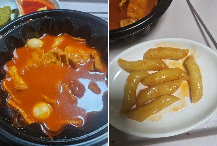 배달 떡볶이에 떡 양이 적다는 이유로 불만을 품은 손님이 매장을 찾아와 업주 얼굴에 떡볶이를 국물째 던졌다는 사연이 전해졌다. 사진은 해당 손님이 배달을 받은 직후 촬영했다고 주장하는 떡 7개가 있는 떡볶이. 사연자 A씨는 재료를 미리 소분해 놓고 떡 17~18개가 들어간다고 반박하고 있다. 온라인 커뮤니티 ‘보배드림’ 캡처