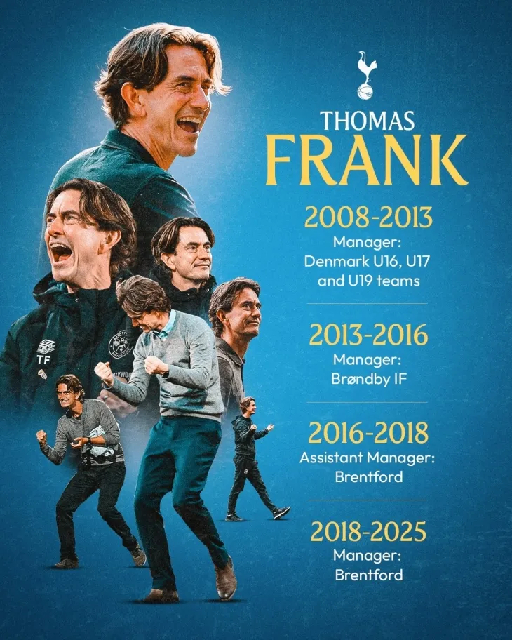 토트넘은 13일(한국시간) 2028년까지 토마스 프랑크 전 브렌트퍼드 감독을 사령탑으로 선임했다고 밝혔다. 토트넘 소셜미디어