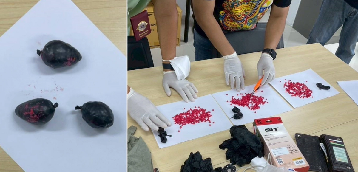 지난 11일(현지시간) 태국 방콕 돈므앙 국제공항에서 발작·경련을 호소한 오스트리아인의 몸속에서 나온 여러 개의 비닐 포장(왼쪽). 오른쪽 사진은 경찰관들이 비닐 포장 속 메스암페타민 알약의 개수를 확인하는 모습. 방콕 후아막경찰서 제공