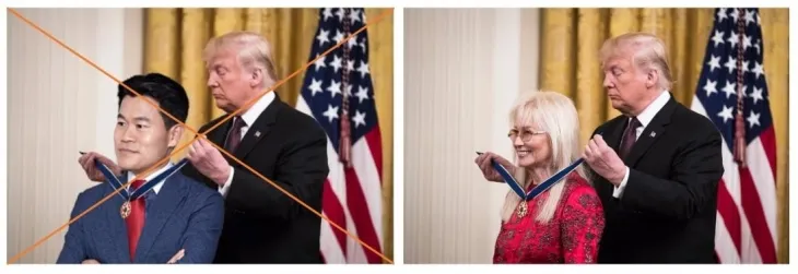 도널드 트럼프 미국 대통령이 전 한국사 강사 전한길씨에게 ‘미국 대통령 자유훈장’을 수여하는 모습을 담은 합성 사진(왼쪽)과 해당 사진의 원본(오른쪽). 원본 사진은 2018년 11월 16일자 미 일간 뉴욕타임스(NYT)에 실린 것으로, 공화당 후보들에게 정치 자금을 기부한 의사 겸 자선사업가 미리암 아델슨에게 트럼프 대통령이 자유훈장을 수여하는 사진이다. 자료 : 페이스북·NYT·AFP통신
