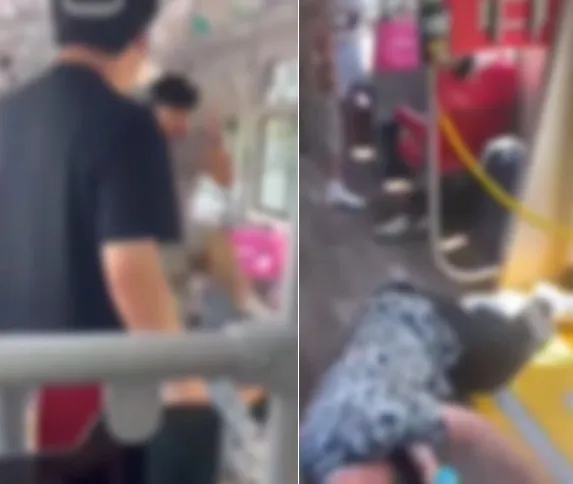 버스에서 20대 남성이 노인에게 발차기를 해 노인이 쓰러져 있다. 보배드림 영상 캡처