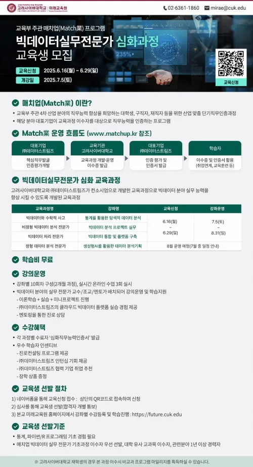 교육부 매치업 ‘빅데이터 심화과정’ 수강생 모집 포스터. 고려사이버대 제공