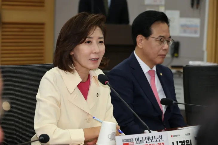 나경원(왼쪽) 국민의힘 원내대표가 26일 국회 의원회관에서 열린 ‘이재명정권 외교·안보 노선, 어디로 가는가’ 긴급토론회에서 발언하고 있다. 뉴시스