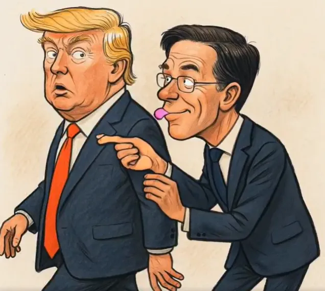 마르크 뤼터 나토 사무총장(오른쪽)이 도널드 트럼프 미국 대통령에게 아부하는 모습을 풍자한 인터넷 영상. 엑스 캡처