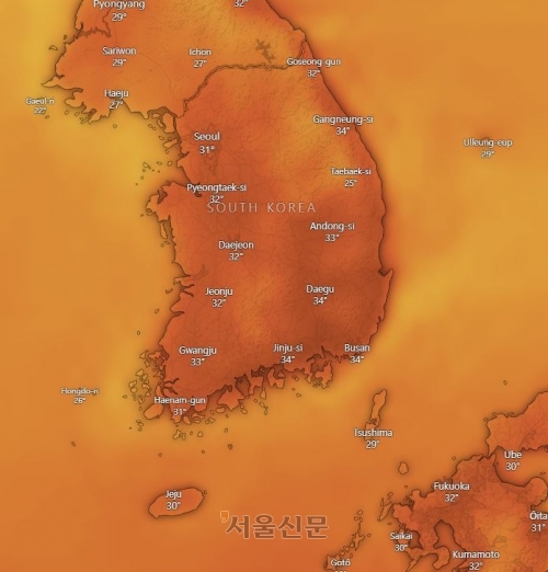 한반도 폭염 열대야 이미지. 윈디 캡처 (6일 12:00 기준)