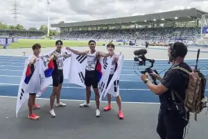 한국 육상 남자 400ｍ 계주팀, 사상 처음 하계U대회 우승…한국 신기록보다 0.01초 느린 38초50