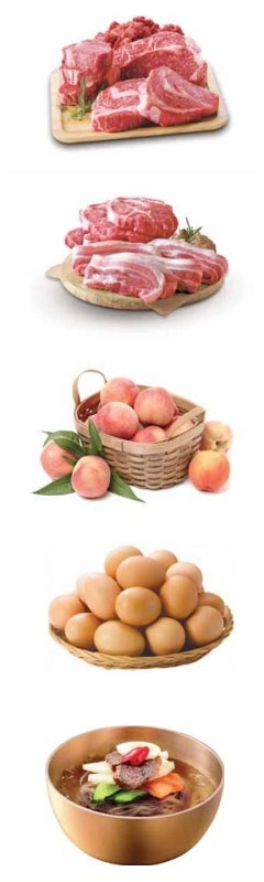 ‘고래잇 페스타’ 행사 진행 상품들. 위부터 한우, 삼겹살·목심, 복숭아, 달걀, 물냉면. 이마트 제공·이미지 컷