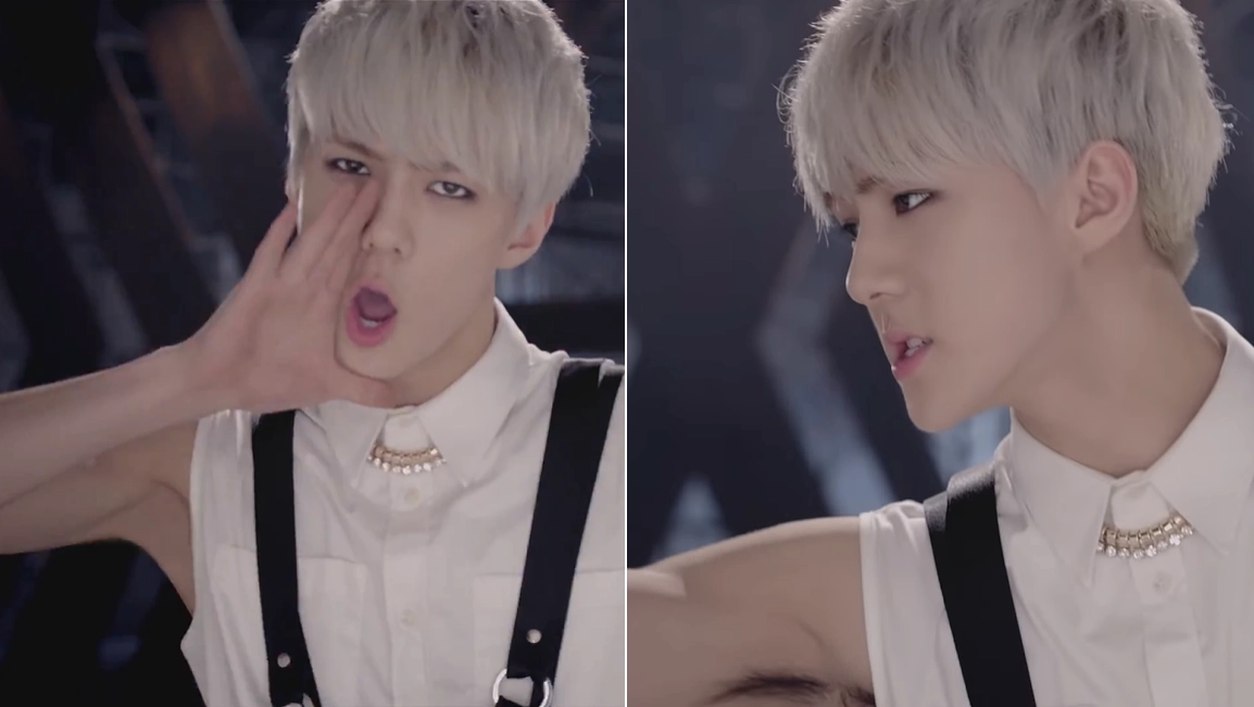 보이그룹 엑소가 2013년 8월 발표한 ‘으르렁’ 뮤직비디오(오른쪽)와 티저 영상(왼쪽). 멤버 세훈의 겨드랑이털이 보정으로 지워지기 전과 후가 대비된다.