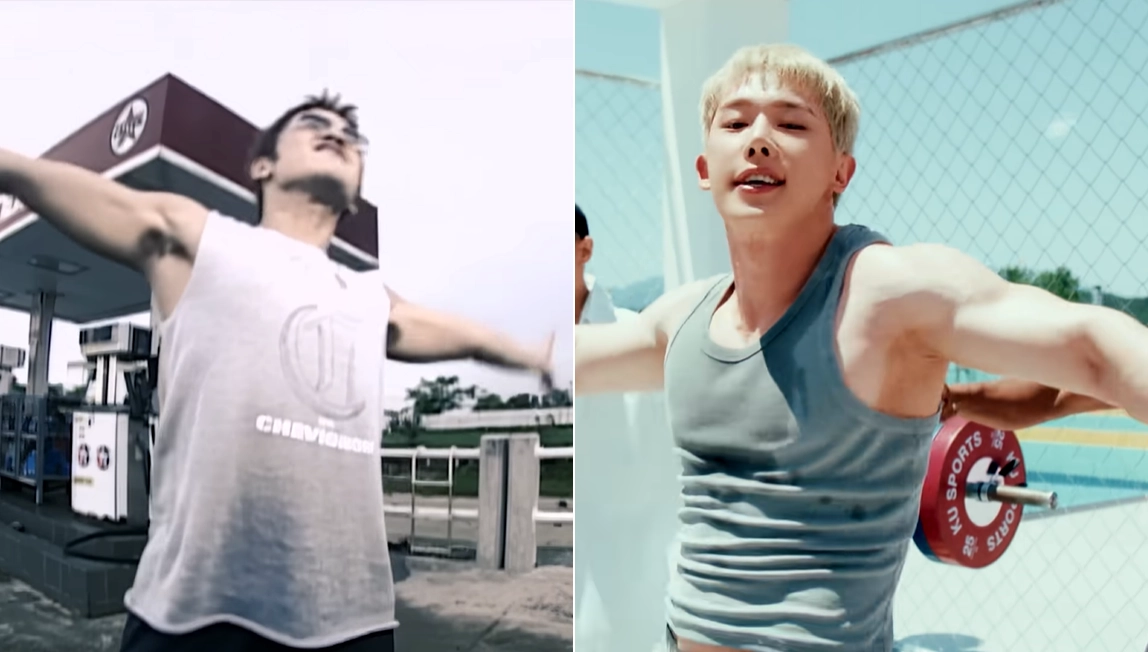 ‘원조 짐승돌’ 이미지였던 신화의 2002년 곡 ‘아이 프레이 포 유’(I Pray 4 U) 뮤직비디오에서 민우의 겨드랑이털이 자연스럽게 노출된 모습(왼쪽). 오른쪽 사진은 ‘차세대 짐승돌’로 인기를 모은 몬스타엑스 출신 원호가 지난 6월 발표한 ‘배터 댄 미’(Better Than Me)에서 제모한 겨드랑이가 드러난 장면.