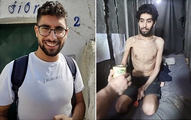 팔레스타인 무장정파 하마스가 공개한 선전 영상 일부. 2023년 10월 7일 이스라엘을 기습 공격한 하마스에 인질로 잡혀간 에비아타르 다비드(24)가 지하 땅굴에서 렌틸콩을 받고 있다. 왼쪽은 하마스에 납치되기 전 다비드의 모습. 2025.8.3 텔레그램