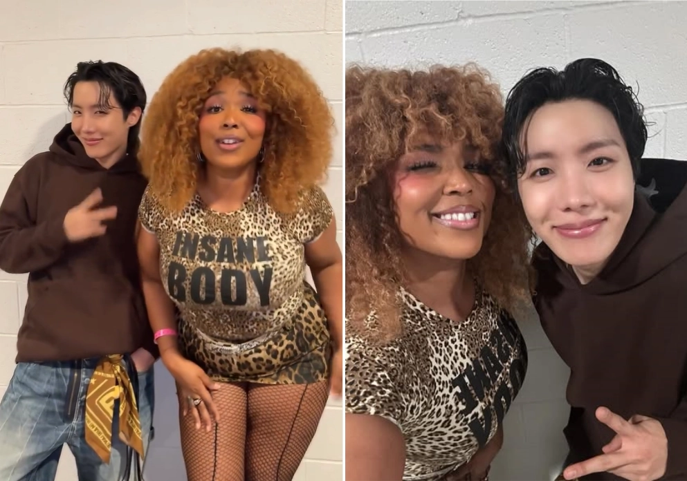 지난 4월 미국 로스앤젤레스(LA) BMO 스타디움에서 열린 제이홉의 월드 투어 콘서트 ‘호프 온 더 스테이지’(HOPE ON THE STAGE) 현장에서 제이홉과 리조가 만난 모습. 리조 인스타그램 캡처