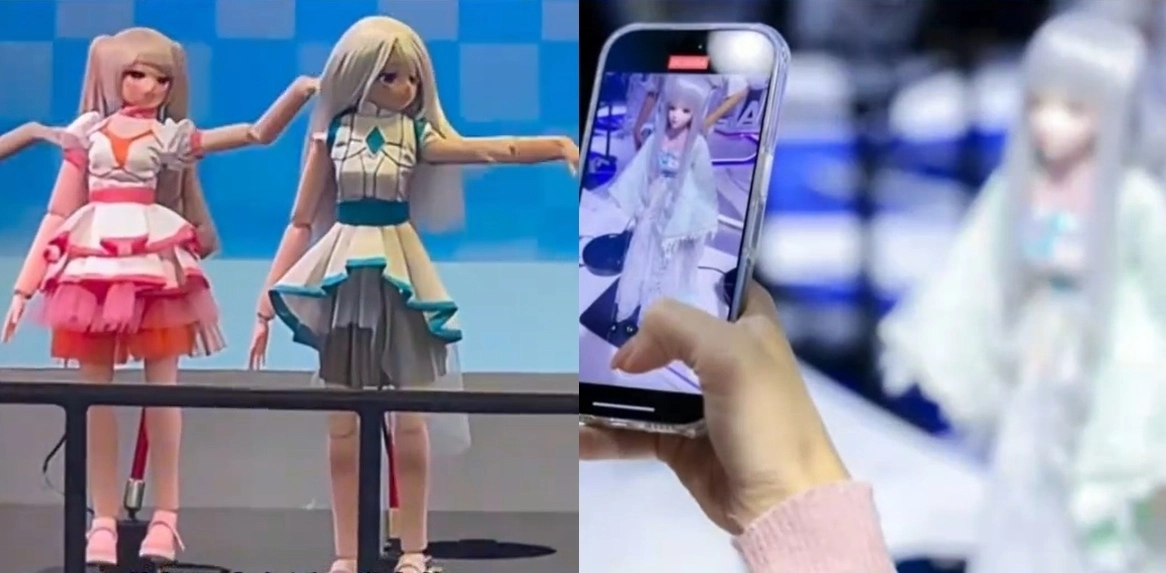 중국 링동로봇이 개발한 휴머노이드 로봇 ‘NIA-F01’(중국명 ‘니엔’)은 걸그룹 춤을 추고(왼쪽) 헤어스타일과 옷 등을 바꿔 끼워 ‘커스터마이징’(오른쪽)할 수 있다. 자료 : 바이두