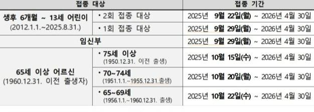 연령별 인플루엔자 접종 일정
