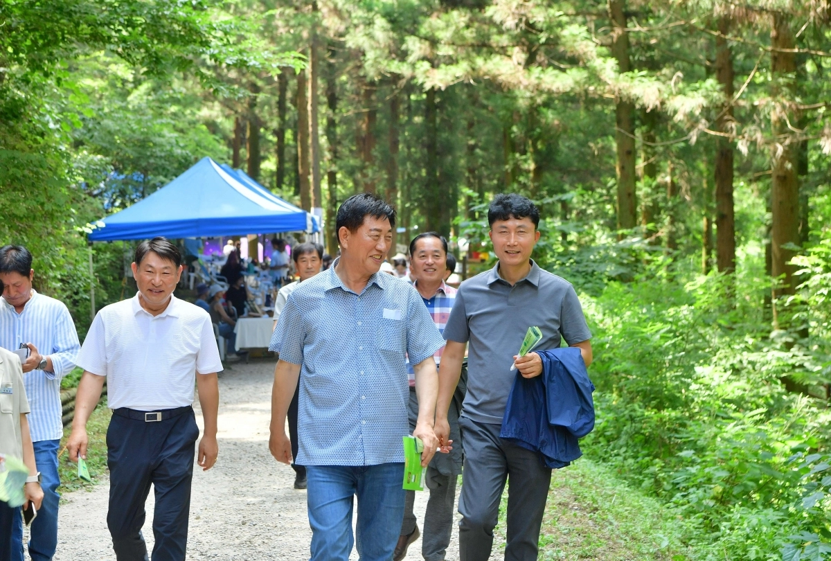 26일 김한종 장성군수가 편백나무 숲을 점검하고 있다. (장성군 제공)
