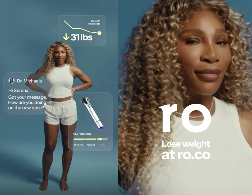 ‘테니스의 여제’ 비너스 윌리엄스가 최근 비만치료제로 14㎏을 감량했다고 밝힌 데 이어 비만치료제를 공급하는 원격의료 서비스 기업 ‘Ro’의 광고에 모델로 등장했다. 자료 : Ro