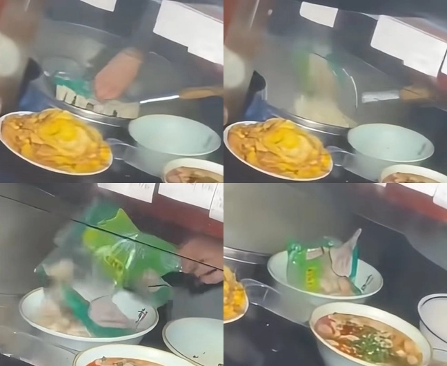 중국 광둥성의 한 식당에서 직원이 냉동 물만두를 봉지째 솥에 넣어 끓이는 모습이 영상에 포착됐다. 해당 직원은 냉동 물만두가 담긴 포장 봉지의 일부분을 뜯어 그대로 물이 펄펄 끓는 솥에 넣어 끓인 뒤 봉지째 채반으로 건져올려 그릇에 옮겨담았다. 이어 봉지를 벗겨내고 만두가 담긴 그릇에 국물과 고명을 얹어 손님에게 내놓았다.(시계방향) 이 영상을 찍은 네티즌은 “솥 안에는 국수면도 있었다”면서 “대체 얼마나 많은 음식들이 봉지째 조리됐는지 상상조차 하지 못하겠다”고 말했다. 자료 : 더우인