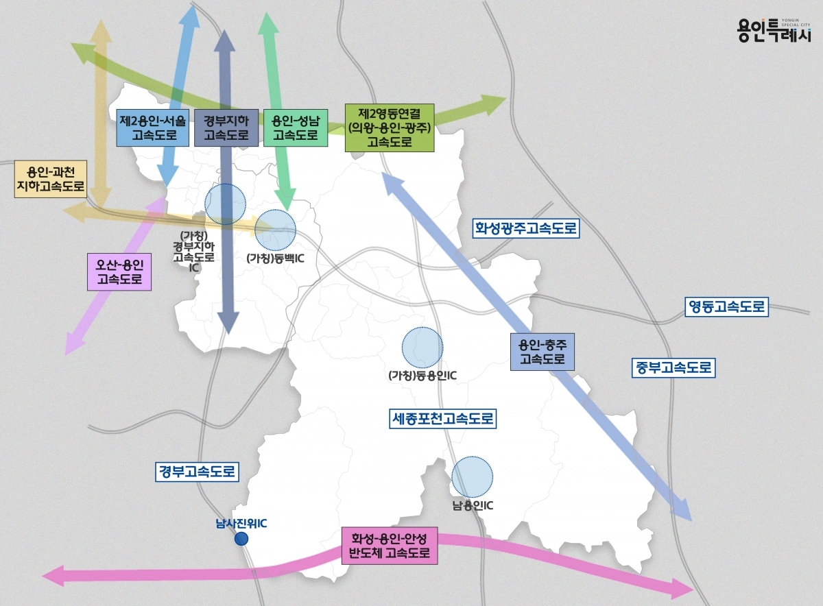 용인시에서 추진 중인 8개 고속도로와 4개 나들목(IC) 위치도