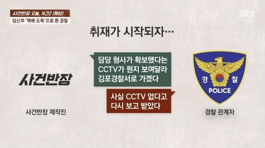 경기 김포시에 거주하는 임신부가 “폐쇄회로(CC)TV에 다 나왔다”며 경찰로부터 이웃집의 택배를 훔친 절도범이라는 추궁을 받았다. 그러나 확인 결과 이같은 CCTV 영상은 존재하지 않은 것으로 드러났다. 자료 : JTBC ‘사건반장’