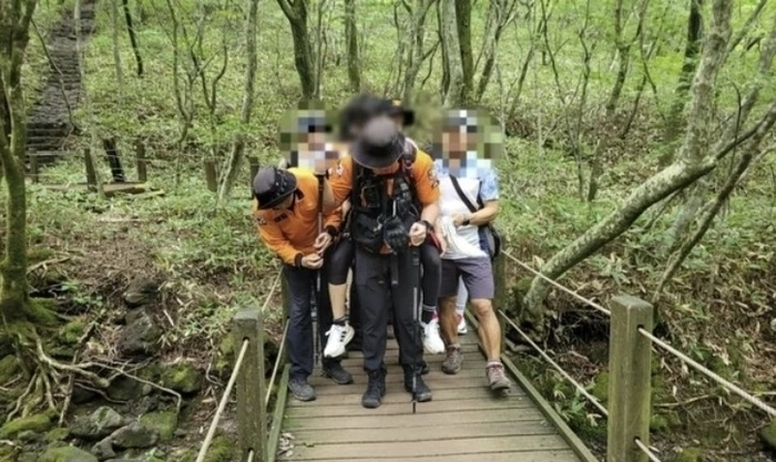6일 오전 제주 한라산 관음사 탐방로에서 소방당국이 벌에 쏘인 탐방객을 부축해 이송하고 있다. 2025.9.6 제주소방안전본부 제공