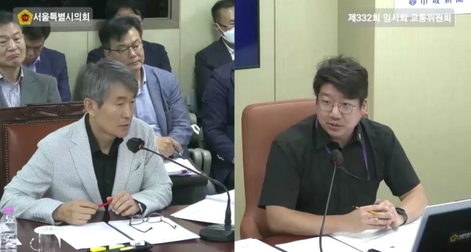 서울시의회 제332회 임시회 교통위원회 회의에서 서울교통공사 백호 사장에게 질의하는 문성호 의원