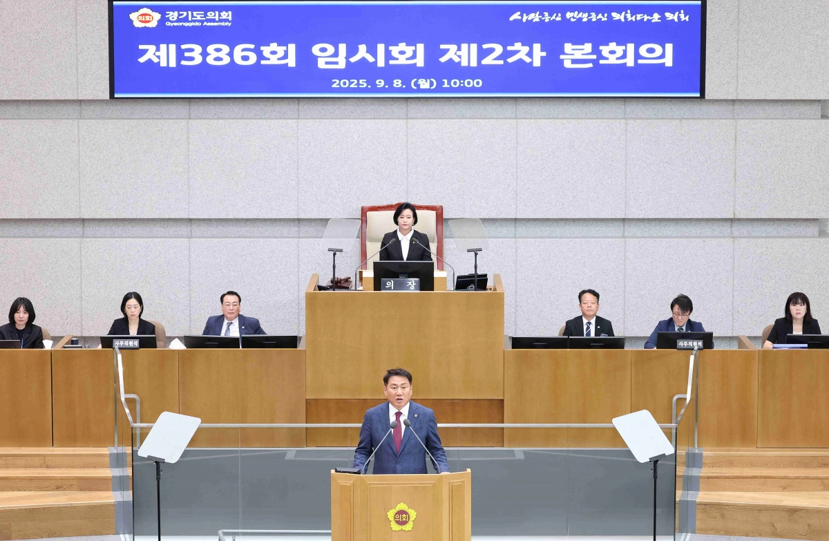 오준환 의원(도시환경위원회)이 제386회 임시회 제2차 본회의에서 5분 자유발언을 하고 있다. (사진=경기도의회)