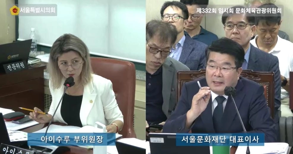 지난 8일 열린 제332회 임시회 문화체육관광위원회 문화재단 소관 업무보고에서 서울문화재단 대표이사에게 질의하는 아이수루 의원