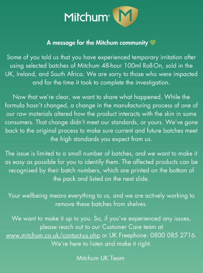 최근 온라인상에서 인기 데오드란트 제품이 일부 여성에게 피부 화상과 진균 감염을 일으켰다는 주장이 속출해 회사 측이 대응에 나선 것으로 전해졌다. 사진은 미첨 측이 올린 사과문. 인스타그램 캡처