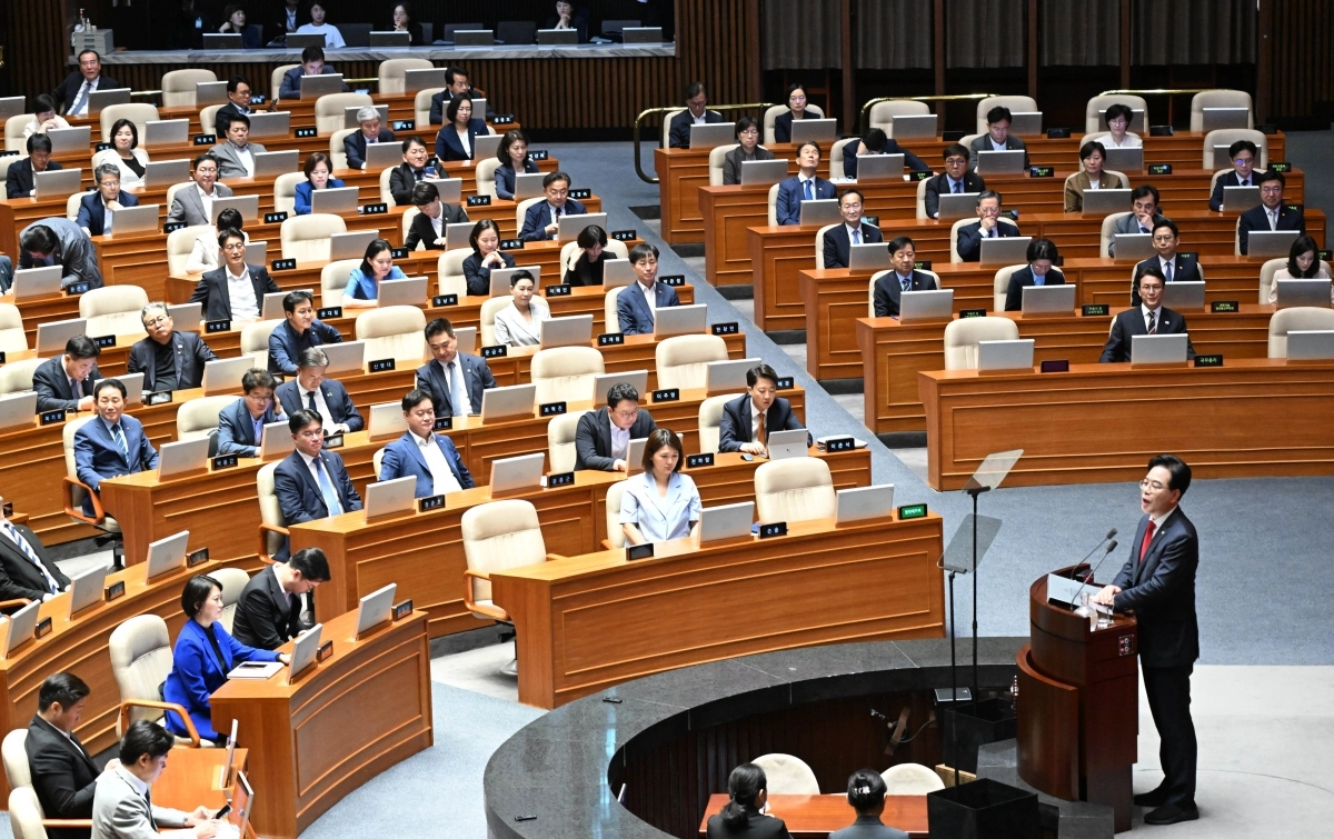 송언석 국민의힘 원내대표가 10일 국회에서 열린 본회의에서 교섭단체 대표 연설을 하고 있다. 2025.9.10 홍윤기 기자
