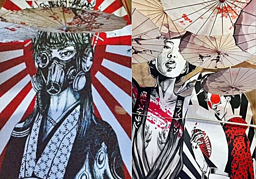 루마니아 한식당의 일본식 인테리어와 욱일기가 걸려 있는 모습. 서경덕 성신여대 교수 제공