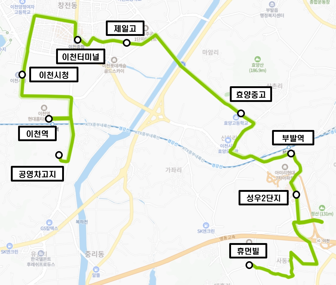 이천시 대월부발권역 231번 시내버스 노선도