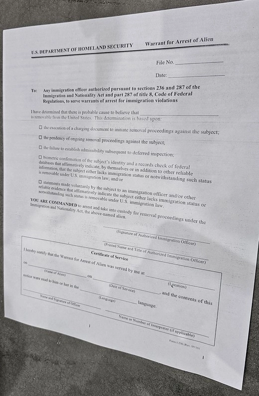 미국 이민세관단속국 작성 요구한 외국인 체포 영장