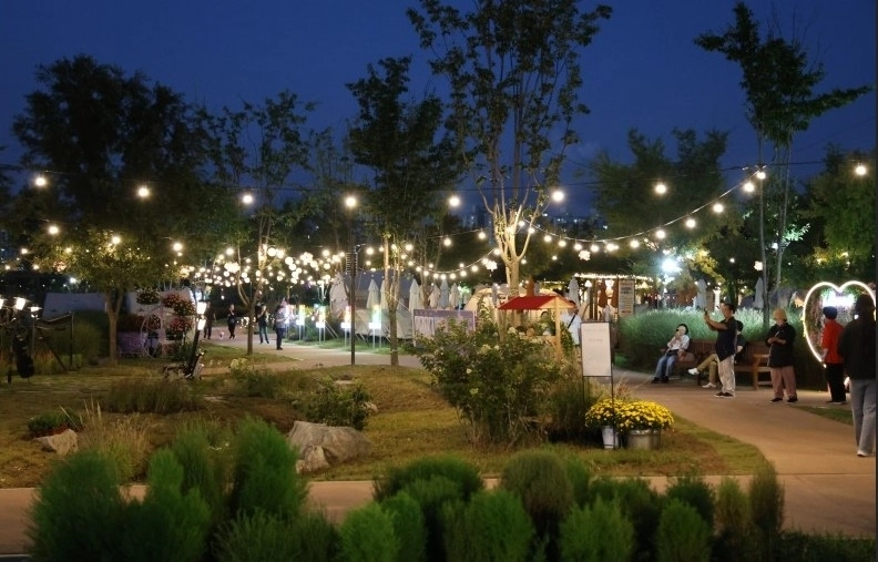 지난해 서울 구로구 안양천 생태초화원 일대에서 열린 빛축제에서 관람객들이 라인조명을 감상하고 있다. 구로구 제공