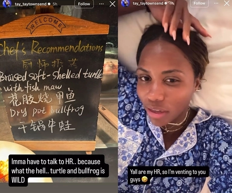 세계 여자 테니스 복식 1위인 미국의 테니스 스타 테일러 타운센드(오른쪽·29)가 중국 선전에서 열리고 있는 국가대항전 ‘빌리 진 킹 컵’ 기간 중 대회 공식 디너 갈라에서 제공된 중국의 뷔페 음식에 대해 혹평하는 영상을 자신의 소셜미디어(SNS)에 올렸다. 자료 : 로이터 연합뉴스·테일러 타운센드 인스타그램